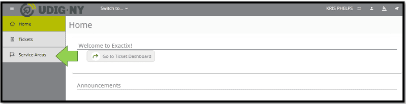 Exactix home showing the Service Area tab
