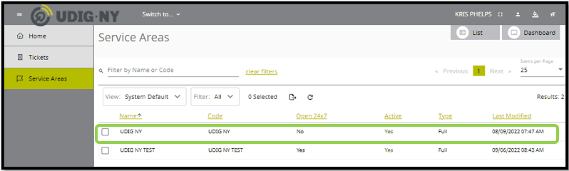 Service Areas list view